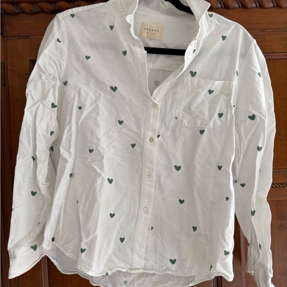 Sezane White and Green Heart Button Down Shirt